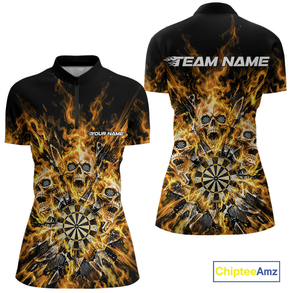 Custom Yellow Flame Skull Dart Women Quarter-Zip Shirt, Break Glass Shard Dart Outfit IPHW12598