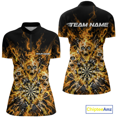 Custom Yellow Flame Skull Dart Women Quarter-Zip Shirt, Break Glass Shard Dart Outfit IPHW12598