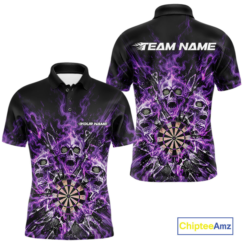 Custom Purple Flame Skull Dart Men Polo Shirt, Break Glass Shard Dart Outfit IPHW12599