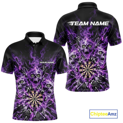 Custom Purple Flame Skull Dart Men Polo Shirt, Break Glass Shard Dart Outfit IPHW12599