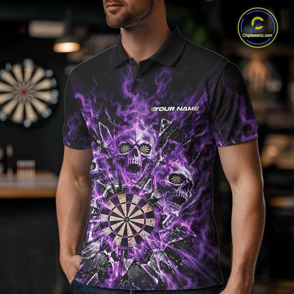 Custom Purple Flame Skull Dart Men Polo Shirt, Break Glass Shard Dart Outfit IPHW12599