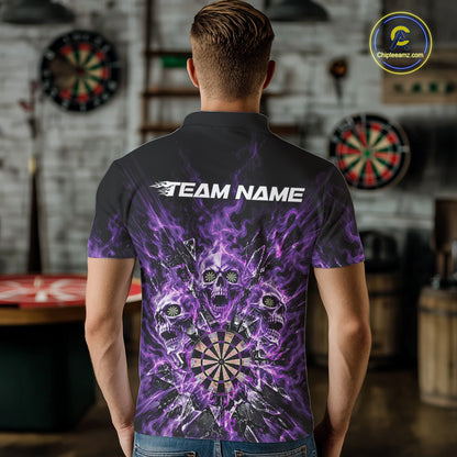 Custom Purple Flame Skull Dart Men Polo Shirt, Break Glass Shard Dart Outfit IPHW12599