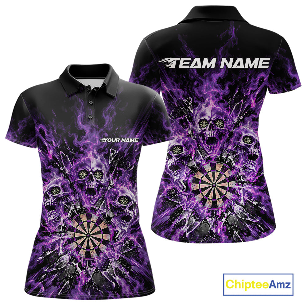 Custom Purple Flame Skull Dart Women Polo Shirt, Break Glass Shard Dart Outfit IPHW12599