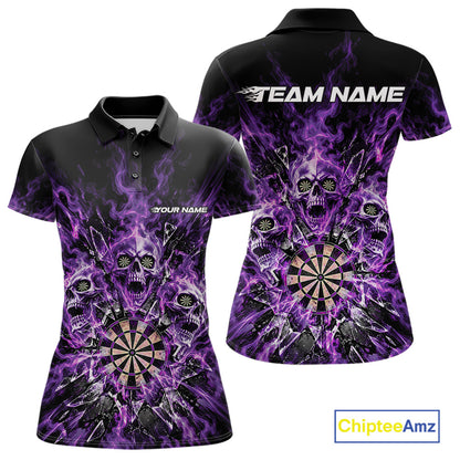 Custom Purple Flame Skull Dart Women Polo Shirt, Break Glass Shard Dart Outfit IPHW12599