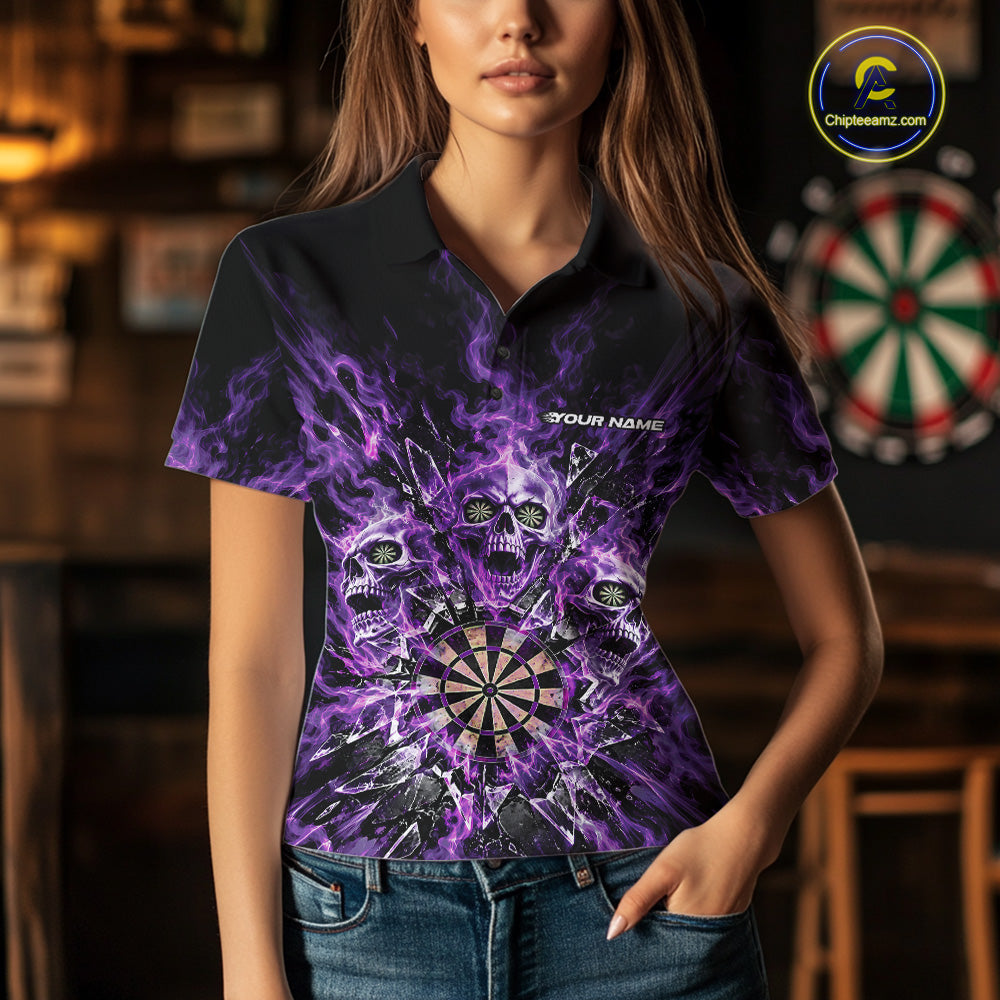 Custom Purple Flame Skull Dart Women Polo Shirt, Break Glass Shard Dart Outfit IPHW12599
