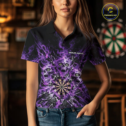 Custom Purple Flame Skull Dart Women Polo Shirt, Break Glass Shard Dart Outfit IPHW12599