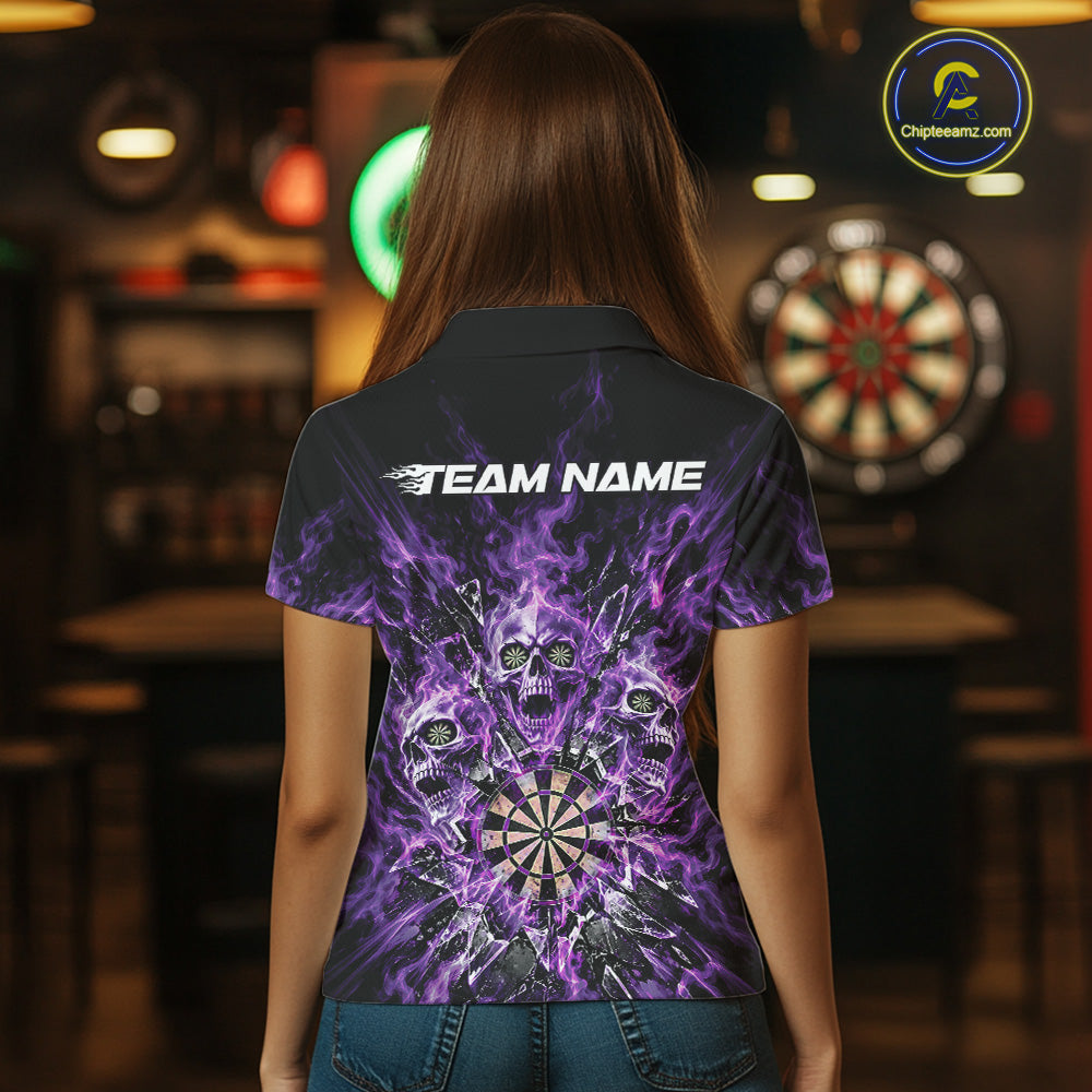 Custom Purple Flame Skull Dart Women Polo Shirt, Break Glass Shard Dart Outfit IPHW12599