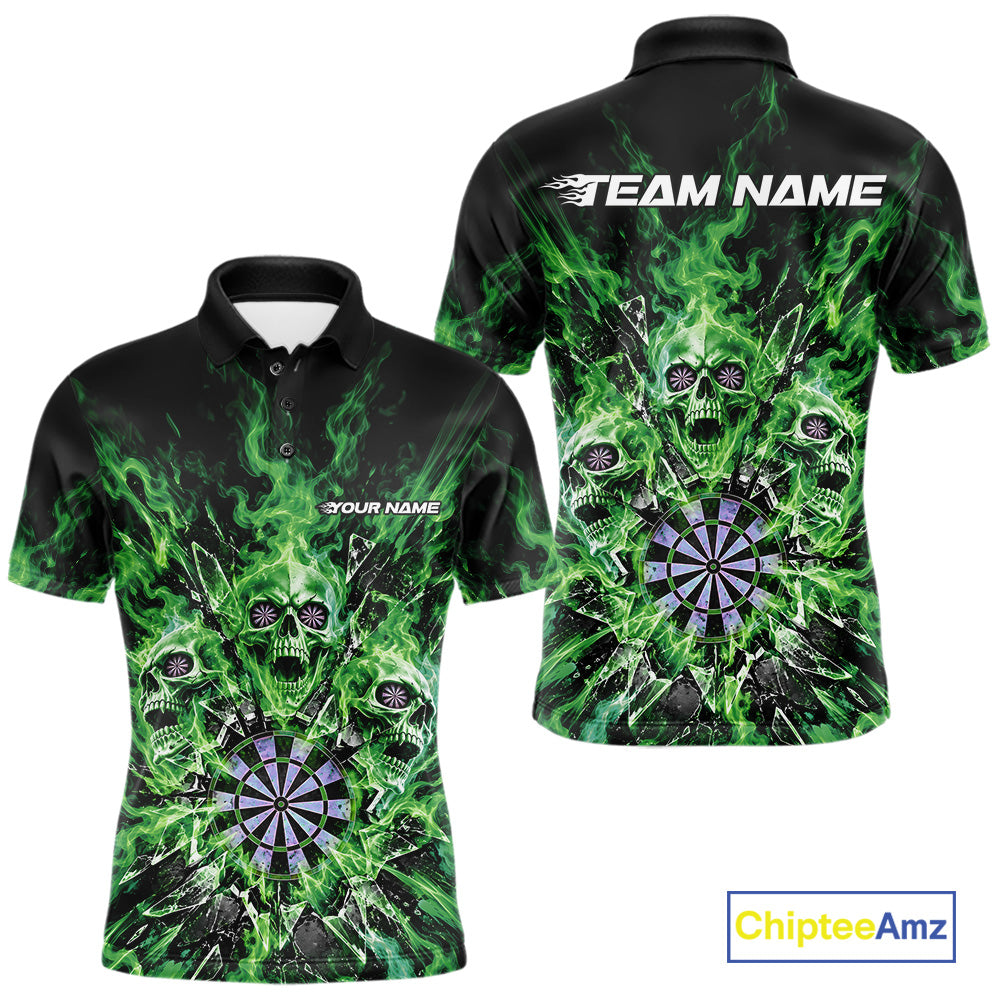 Custom Green Flame Skull Dart Men Polo Shirt, Break Glass Shard Dart Outfit IPHW12600