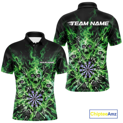 Custom Green Flame Skull Dart Men Polo Shirt, Break Glass Shard Dart Outfit IPHW12600