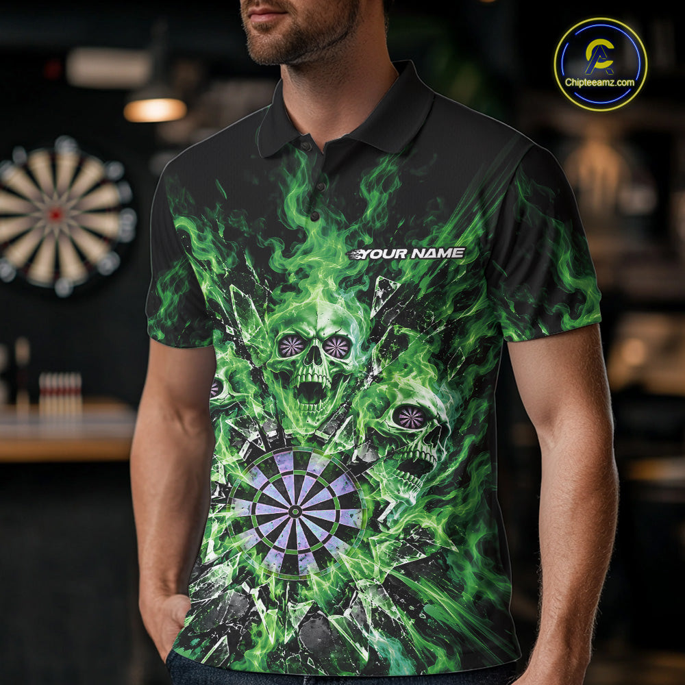 Custom Green Flame Skull Dart Men Polo Shirt, Break Glass Shard Dart Outfit IPHW12600