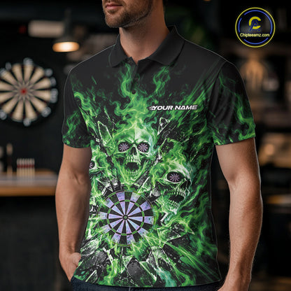 Custom Green Flame Skull Dart Men Polo Shirt, Break Glass Shard Dart Outfit IPHW12600