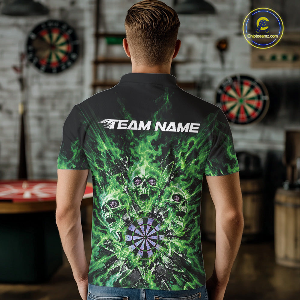 Custom Green Flame Skull Dart Men Polo Shirt, Break Glass Shard Dart Outfit IPHW12600