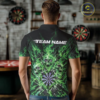 Custom Green Flame Skull Dart Men Polo Shirt, Break Glass Shard Dart Outfit IPHW12600