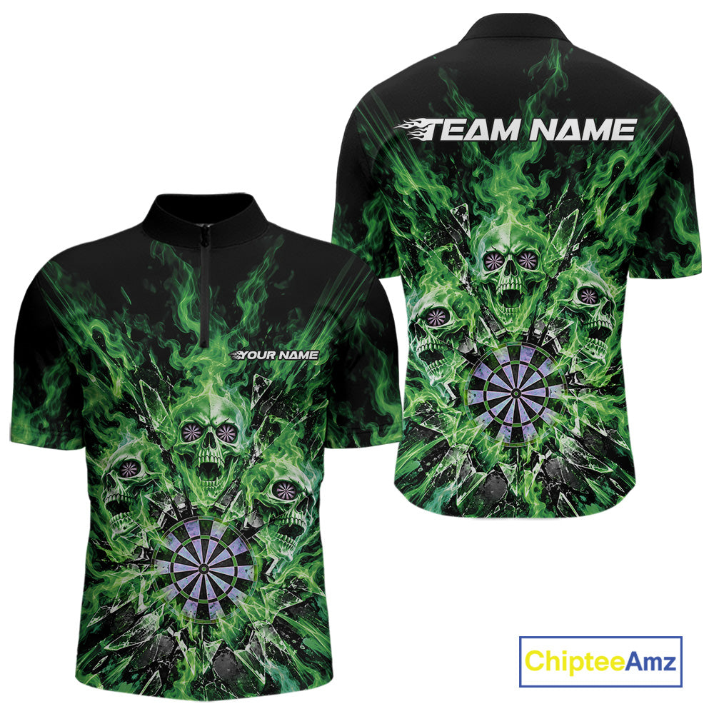 Custom Green Flame Skull Dart Men Quarter Zip Shirt, Break Glass Shard Dart Outfit IPHW12600