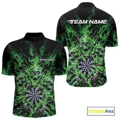 Custom Green Flame Skull Dart Men Quarter Zip Shirt, Break Glass Shard Dart Outfit IPHW12600