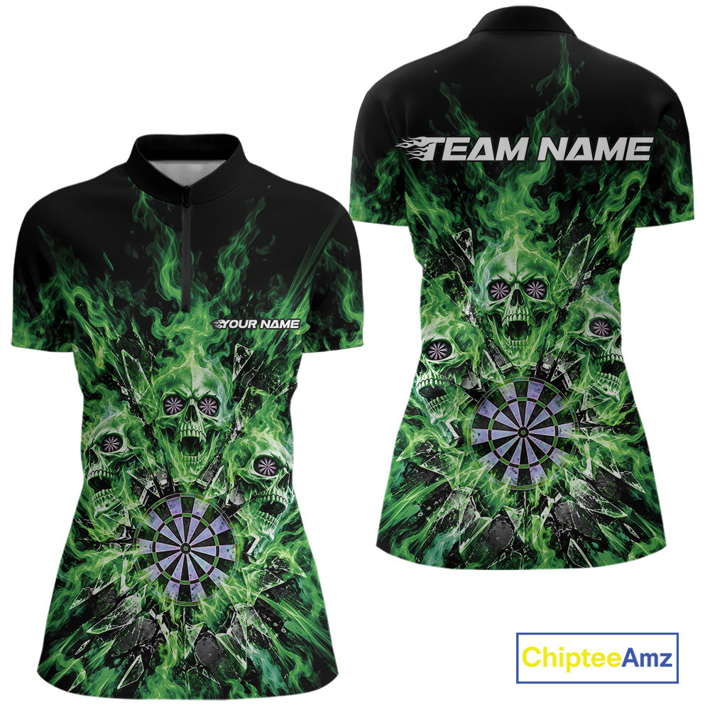 Custom Green Flame Skull Dart Women Quarter-Zip Shirt, Break Glass Shard Dart Outfit IPHW12600
