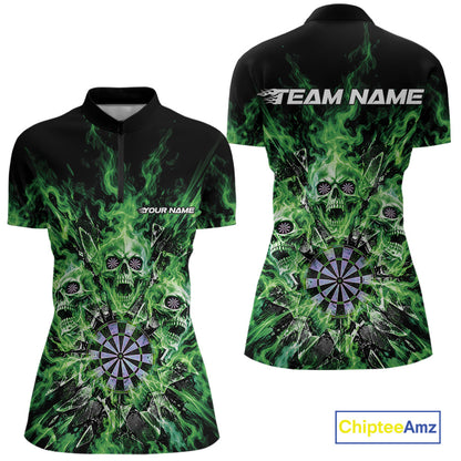 Custom Green Flame Skull Dart Women Quarter-Zip Shirt, Break Glass Shard Dart Outfit IPHW12600