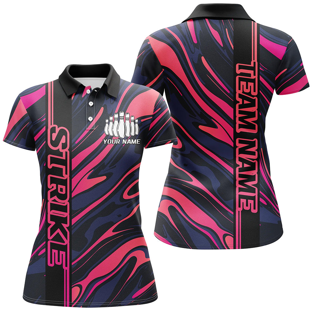 Custom Pink Camo Strike Bowling Polo Shirts For Women, Striking Bowling Team Uniform IPHW8137