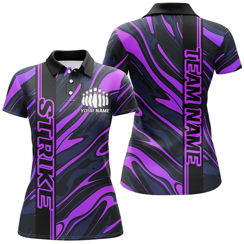 Custom Purple Camo Strike Bowling Polo Shirts For Women, Striking Bowling Team Uniform IPHW8138