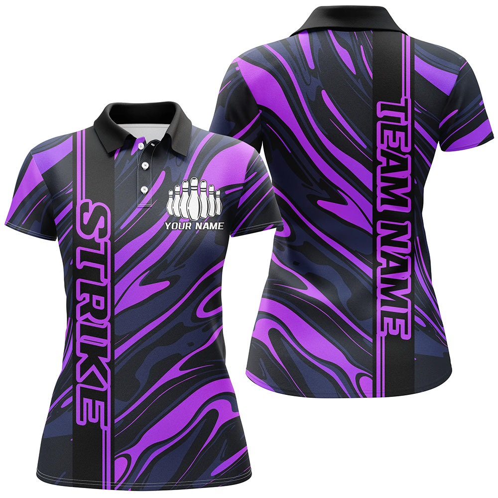 Custom Purple Camo Strike Bowling Polo Shirts For Women, Striking Bowling Team Uniform IPHW8138
