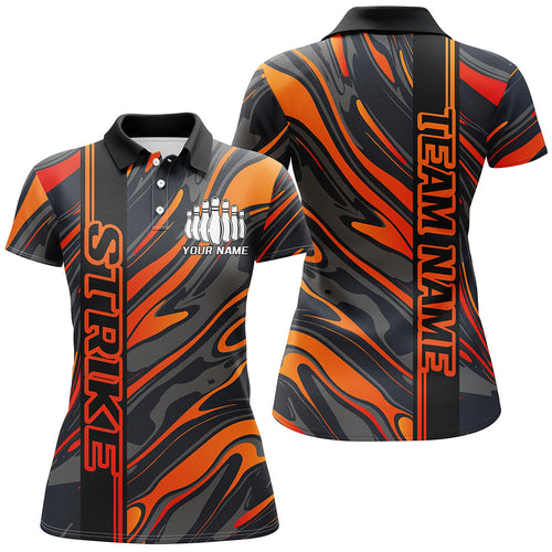 Custom Orange Camo Strike Bowling Polo Shirts For Women, Striking Bowling Team Uniform IPHW8139