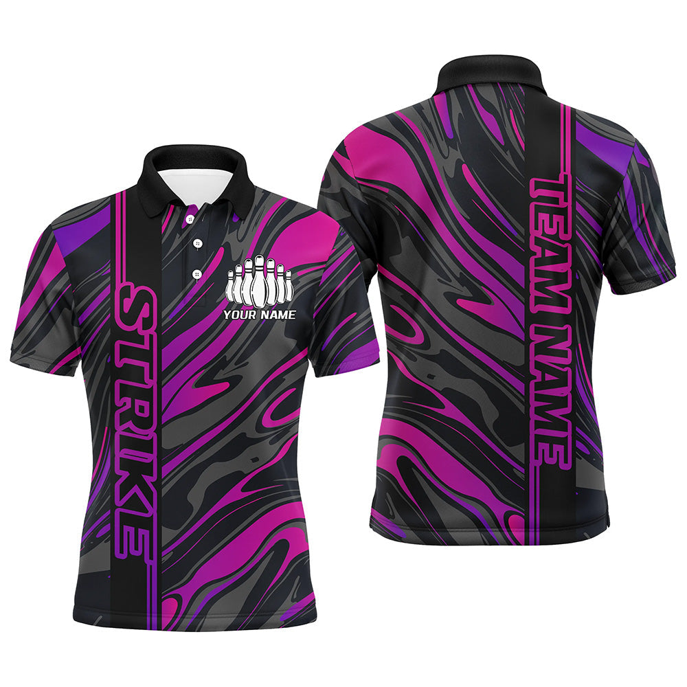 Custom Purple And Pink Strike Bowling Polo Shirts For Men, Striking Bowling Team Uniform IPHW8140