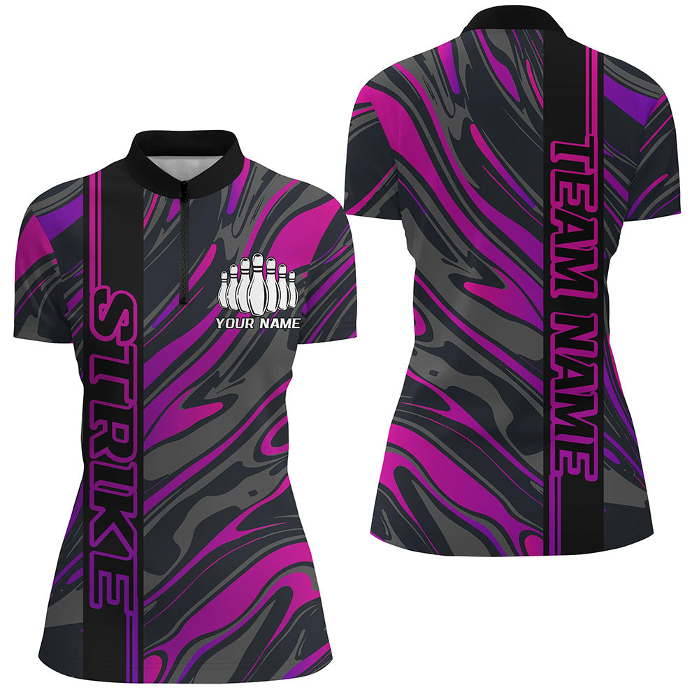 Custom Purple And Pink Strike Bowling Quarter-Zip Shirts For Women, Striking Bowling Team Uniform IPHW8140