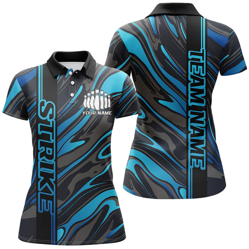Custom Blue Camo Strike Bowling Polo Shirts For Women, Striking Bowling Team Uniform IPHW8141