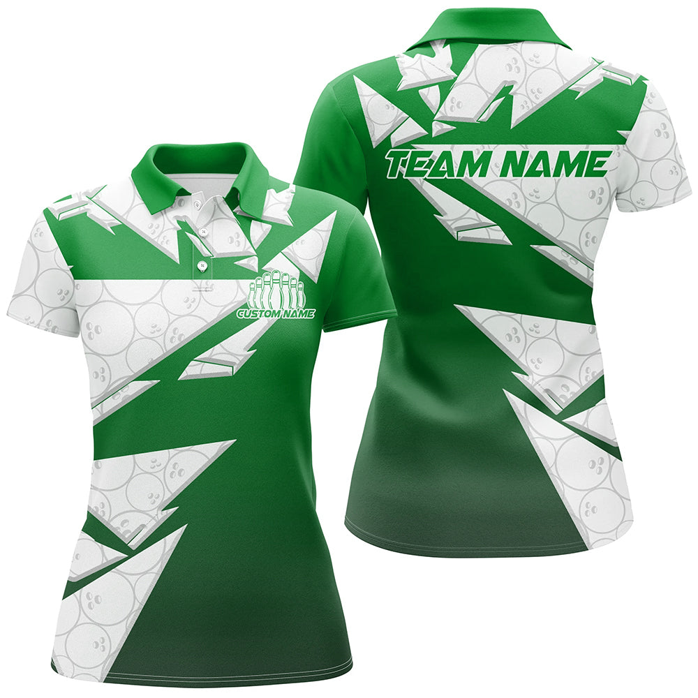Custom White And Green Bowling Polo Shirts For Women, Bowling League Shirt IPHW8144