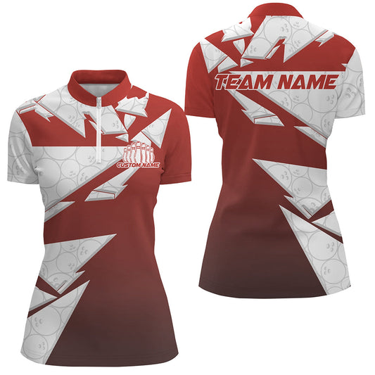 Custom White And Red Bowling Quarter-Zip Shirts For Women, Bowling League Shirt IPHW8145