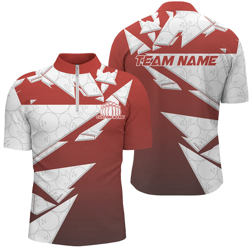 Custom White And Red Bowling Quarter-Zip Shirts For Men, Bowling League Shirt IPHW8145