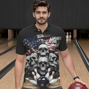 Custom US Flag Skull Bowling Team Polo Shirts For Men, Patriotic Bowling League Shirt IPHW8383