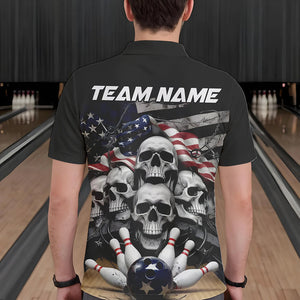 Custom US Flag Skull Bowling Team Polo Shirts For Men, Patriotic Bowling League Shirt IPHW8383