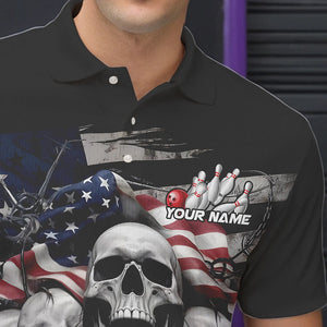 Custom US Flag Skull Bowling Team Polo Shirts For Men, Patriotic Bowling League Shirt IPHW8383