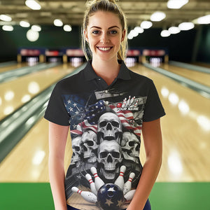 Custom US Flag Skull Bowling Team Polo Shirts For Women, Patriotic Bowling League Shirt IPHW8383