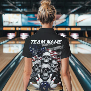 Custom US Flag Skull Bowling Team Polo Shirts For Women, Patriotic Bowling League Shirt IPHW8383