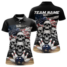 Load image into Gallery viewer, Custom US Flag Skull Bowling Team Polo Shirts For Women, Patriotic Bowling League Shirt IPHW8383