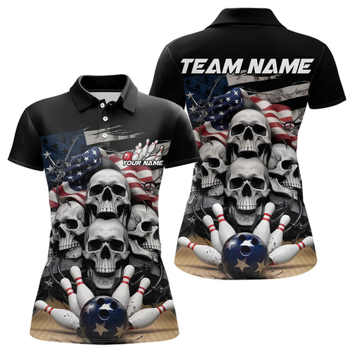 Custom US Flag Skull Bowling Team Polo Shirts For Women, Patriotic Bowling League Shirt IPHW8383