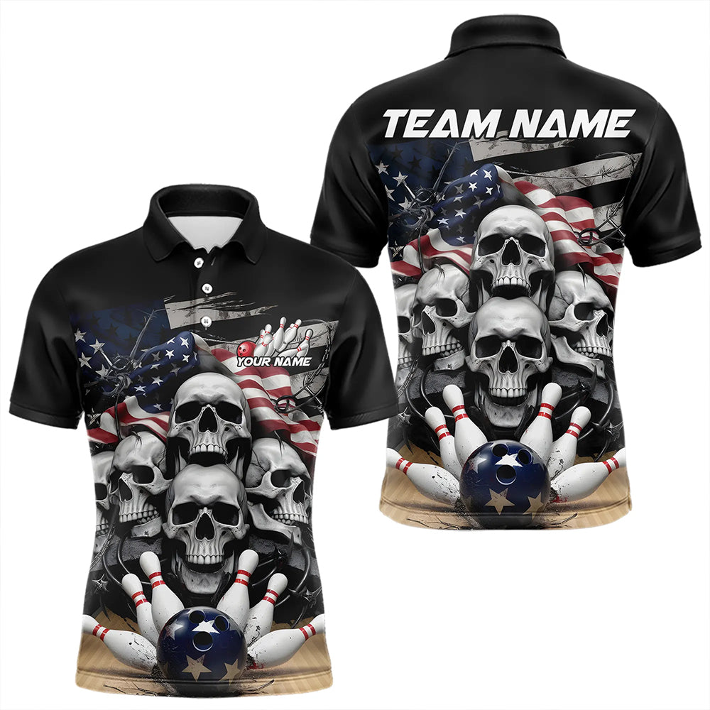 Custom US Flag Skull Bowling Team Polo Shirts For Men, Patriotic Bowling League Shirt IPHW8383