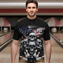 Load image into Gallery viewer, Custom US Flag Skull Bowling Team Quarter-Zip Shirts For Men, Patriotic Bowling League Shirt IPHW8383