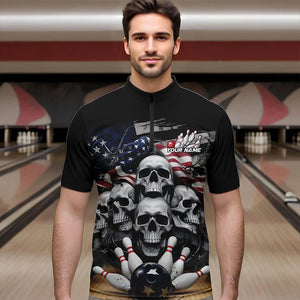 Custom US Flag Skull Bowling Team Quarter-Zip Shirts For Men, Patriotic Bowling League Shirt IPHW8383