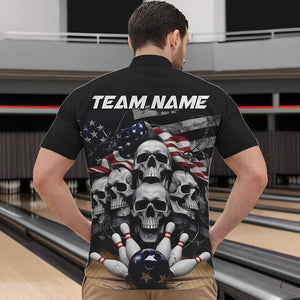 Custom US Flag Skull Bowling Team Quarter-Zip Shirts For Men, Patriotic Bowling League Shirt IPHW8383