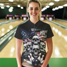 Load image into Gallery viewer, Custom US Flag Skull Bowling Team Womens Quarter-Zip Shirts, Patriotic Bowling League Shirt IPHW8383