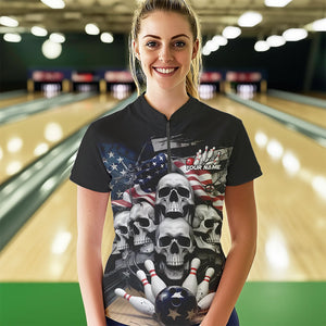 Custom US Flag Skull Bowling Team Womens Quarter-Zip Shirts, Patriotic Bowling League Shirt IPHW8383