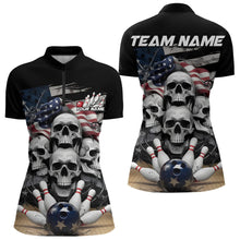 Load image into Gallery viewer, Custom US Flag Skull Bowling Team Womens Quarter-Zip Shirts, Patriotic Bowling League Shirt IPHW8383