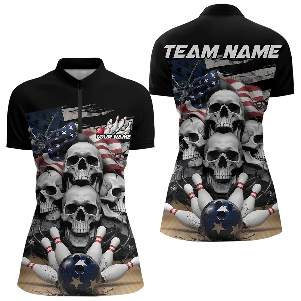 Custom US Flag Skull Bowling Team Womens Quarter-Zip Shirts, Patriotic Bowling League Shirt IPHW8383