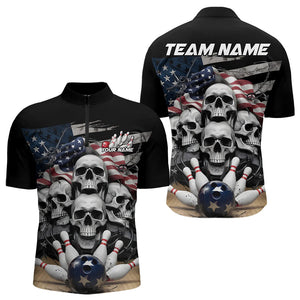 Custom US Flag Skull Bowling Team Quarter-Zip Shirts For Men, Patriotic Bowling League Shirt IPHW8383