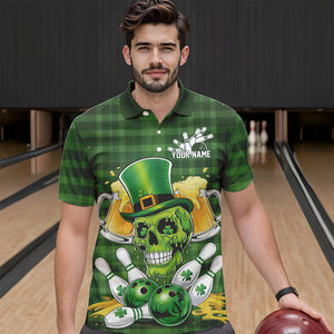 Custom Funny Saint Patricks Day Skull And Beer Bowling Polo Shirt For Men, Lucky Team Shirt IPHW8579