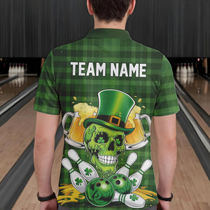 Custom Funny Saint Patricks Day Skull And Beer Bowling Polo Shirt For Men, Lucky Team Shirt IPHW8579