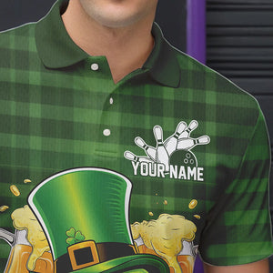 Custom Funny Saint Patricks Day Skull And Beer Bowling Polo Shirt For Men, Lucky Team Shirt IPHW8579